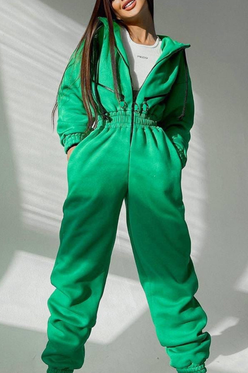 Street Patchwork Hooded Collar Jumpsuits