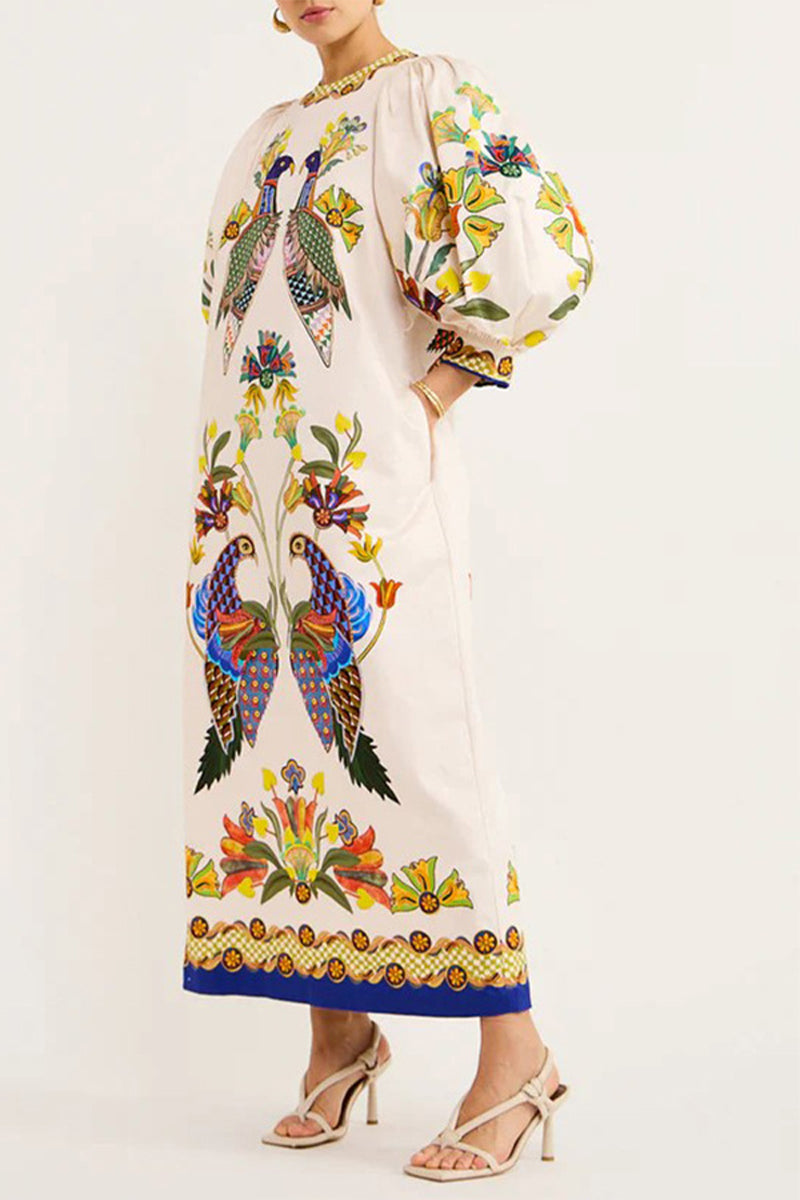 Print Patchwork O Neck One Step Skirt Dresses