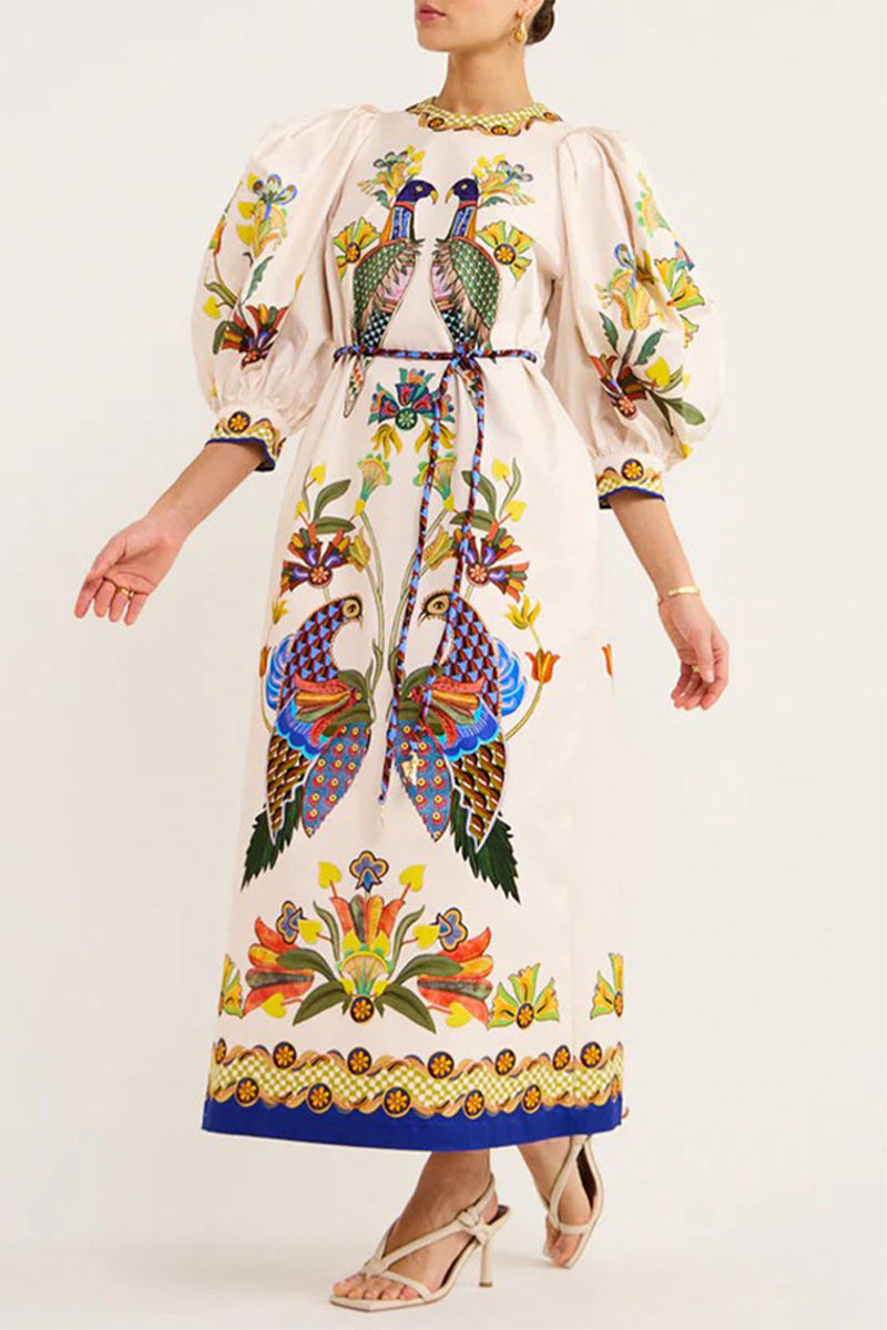 Print Patchwork O Neck One Step Skirt Dresses