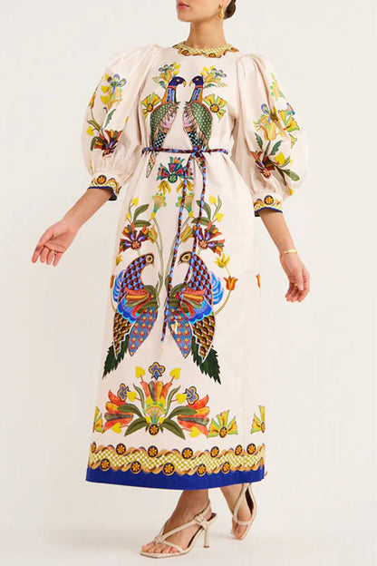 Print Patchwork O Neck One Step Skirt Dresses