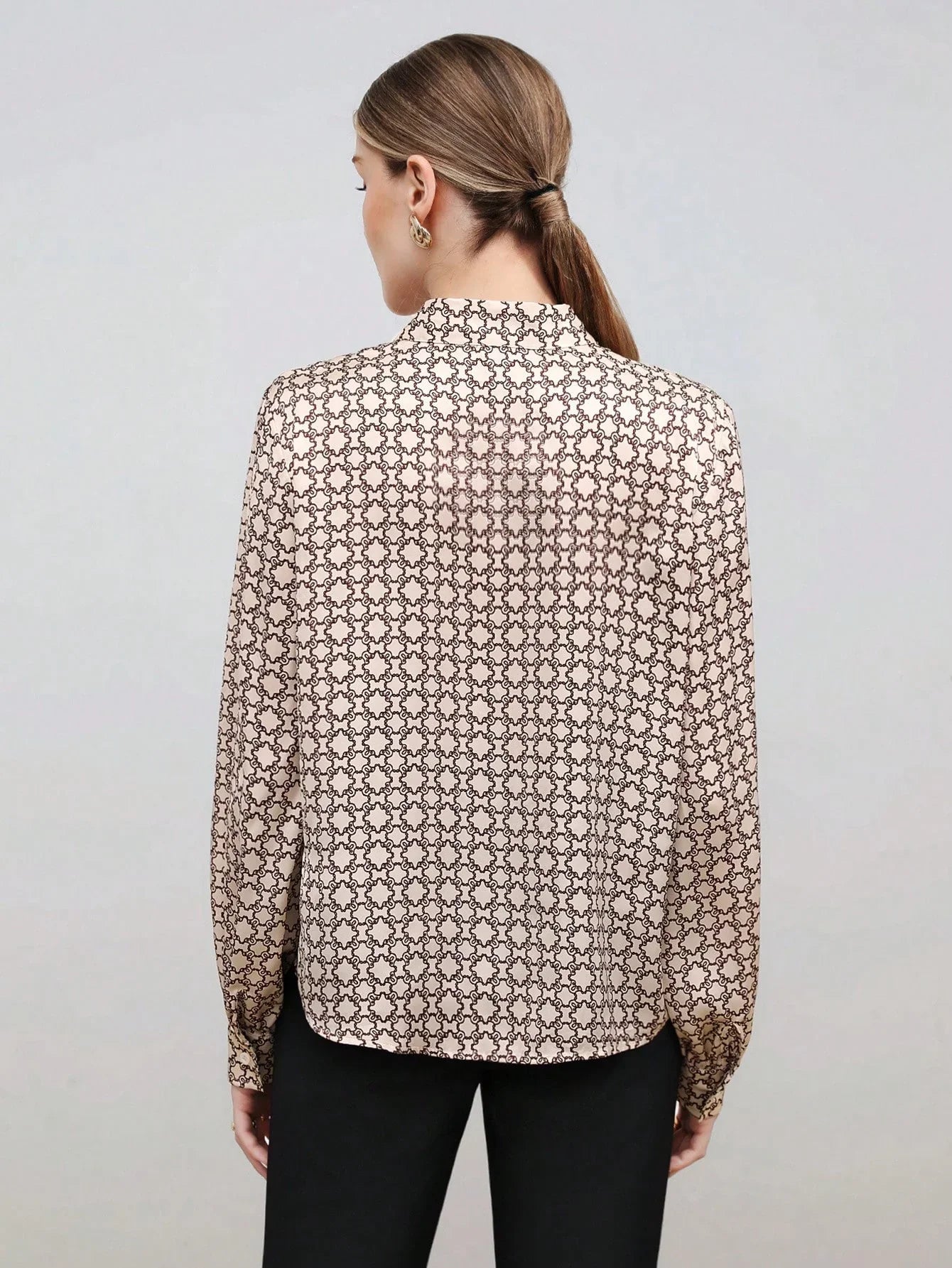 Satin Blouse Allover Print Tie Collar Loose Fit