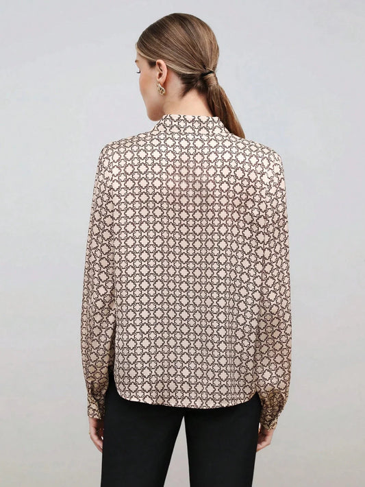 Satin Blouse Allover Print Tie Collar Loose Fit
