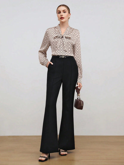 Satin Blouse Allover Print Tie Collar Loose Fit