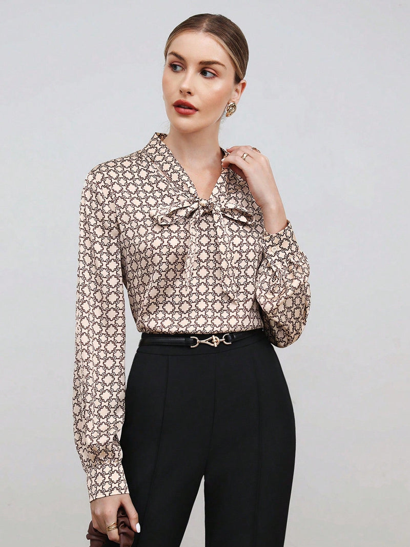 Satin Blouse Allover Print Tie Collar Loose Fit