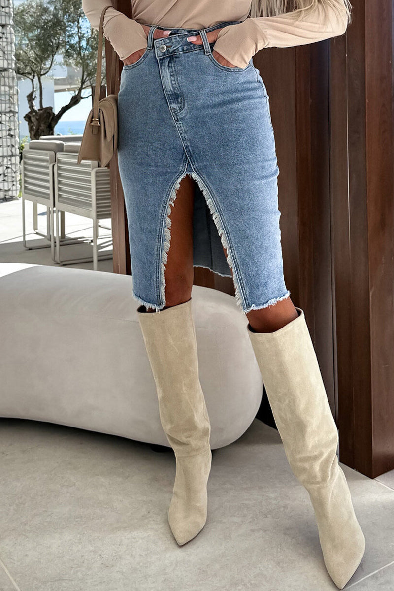 Street Make Old Slit Asymmetrical Regular Denim Skirts