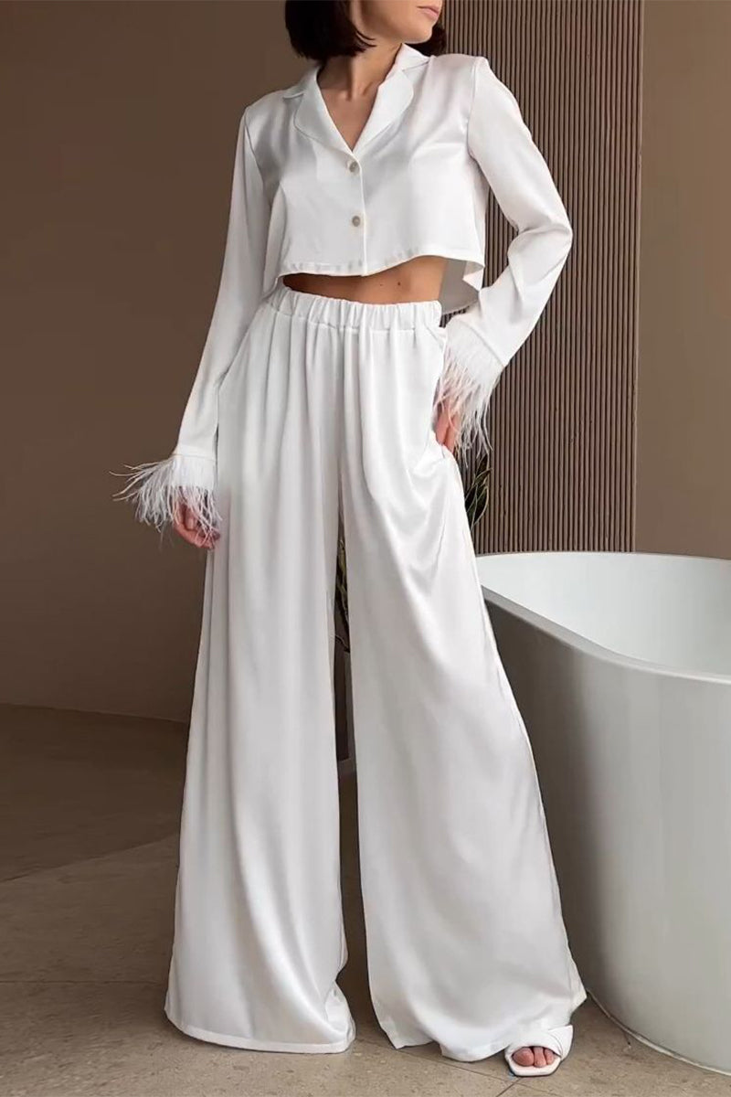 Buttons Feathers Turn-back Collar Long Sleeve Two Pieces