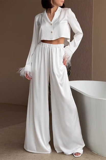Buttons Feathers Turn-back Collar Long Sleeve Two Pieces