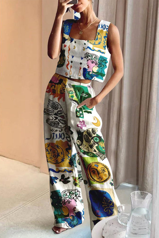 Animal Printing Square Collar Sleeveless Two Pieces