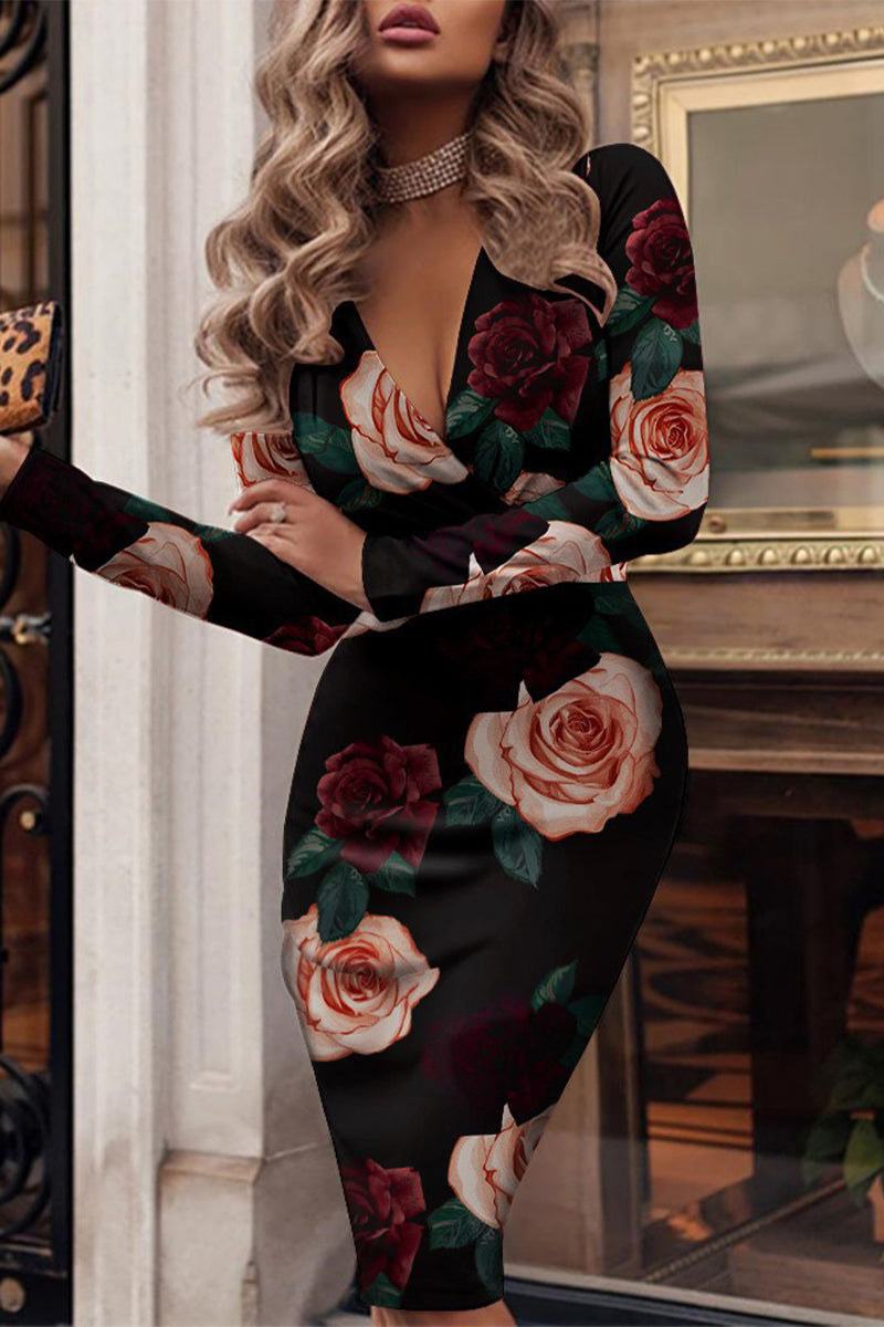 Celebrities Print Patchwork V Neck One Step Skirt Dresses(3 Colors)