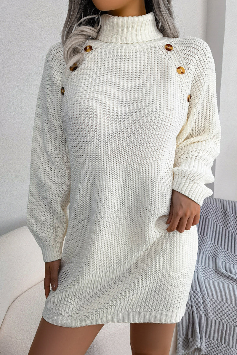 Street Buttons Turtleneck Pencil Skirt Dresses(no Belt,3 Colors)