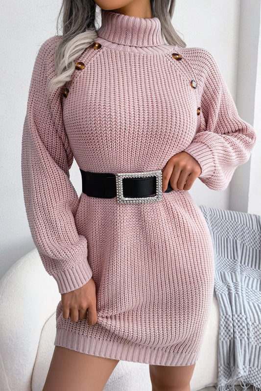 Street Buttons Turtleneck Pencil Skirt Dresses(no Belt,3 Colors)