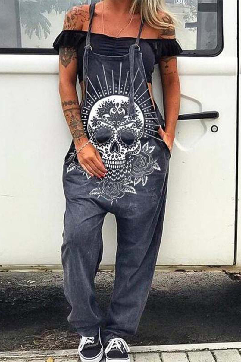 College Skull Head Print Pocket U Neck Loose Jumpsuits
