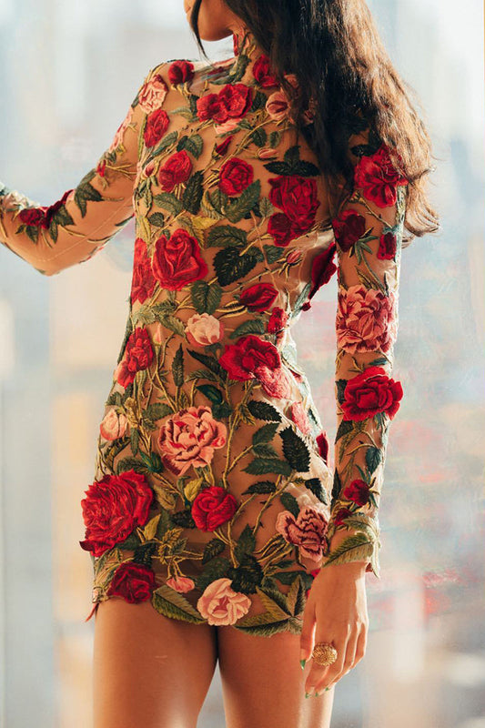 Embroidery Patchwork Half a Turtleneck Wrapped Skirt Dresses