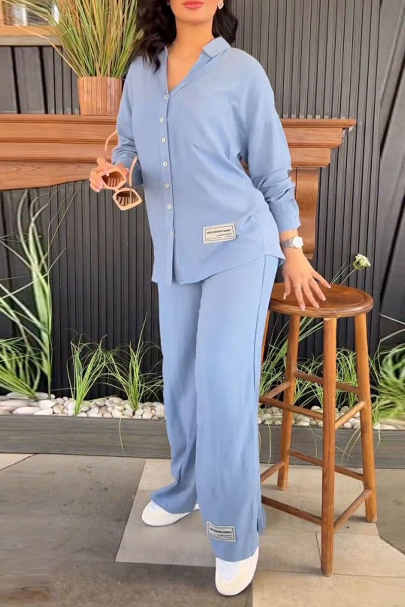 Simplicity Patch Slit Turndown Collar Long Sleeve Two Pieces