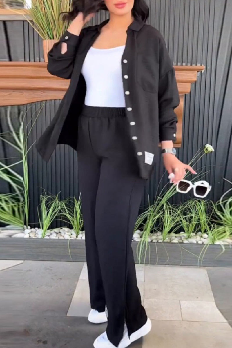Simplicity Patch Slit Turndown Collar Long Sleeve Two Pieces