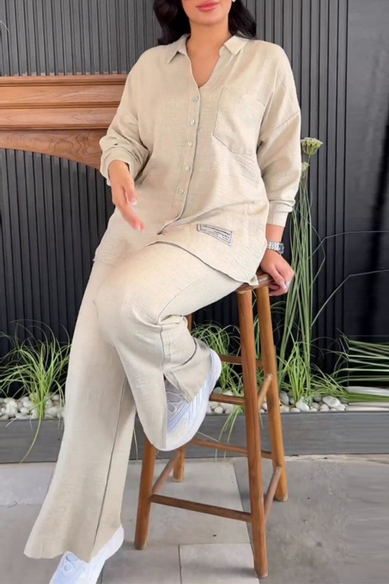 Simplicity Patch Slit Turndown Collar Long Sleeve Two Pieces