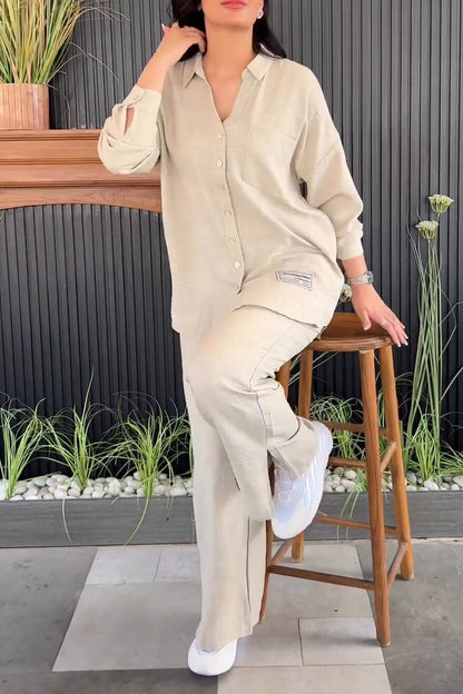 Simplicity Patch Slit Turndown Collar Long Sleeve Two Pieces