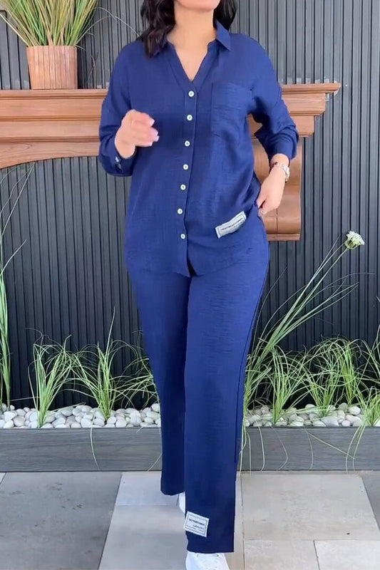 Simplicity Patch Slit Turndown Collar Long Sleeve Two Pieces