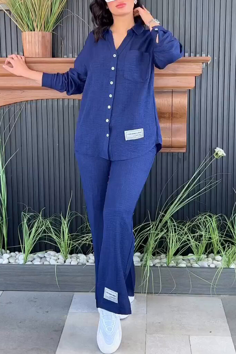 Simplicity Patch Slit Turndown Collar Long Sleeve Two Pieces