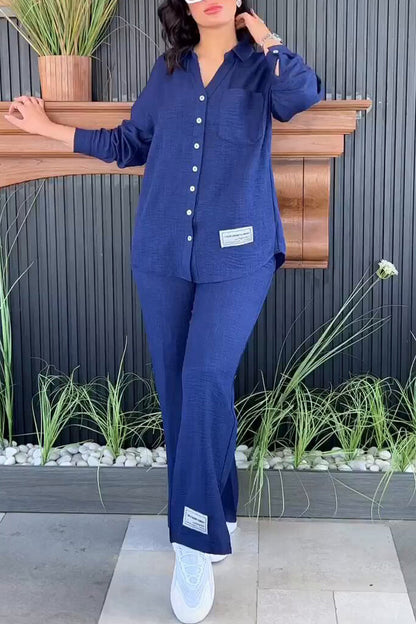 Simplicity Patch Slit Turndown Collar Long Sleeve Two Pieces