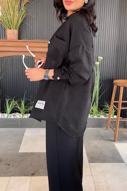 Simplicity Patch Slit Turndown Collar Long Sleeve Two Pieces