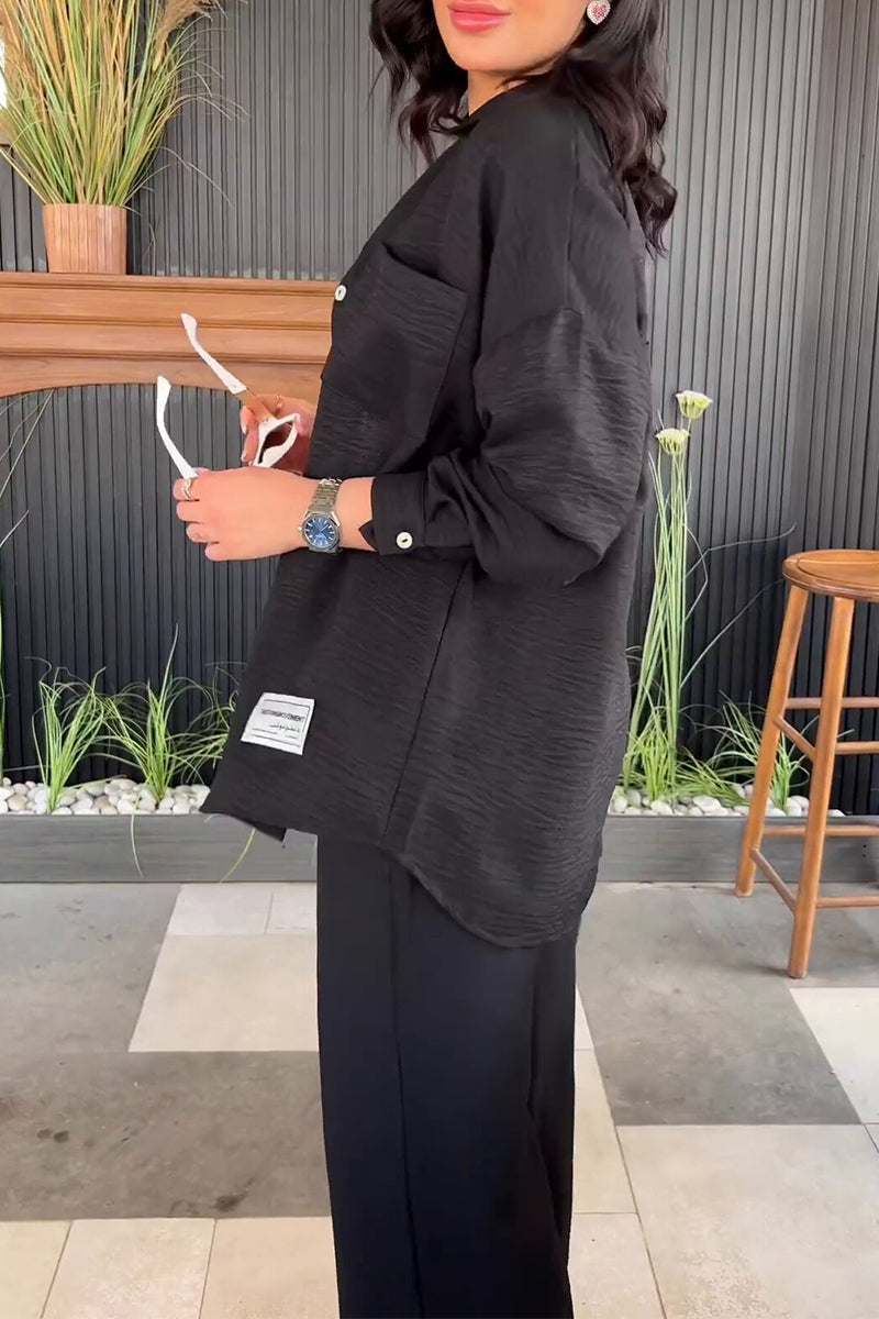 Simplicity Patch Slit Turndown Collar Long Sleeve Two Pieces