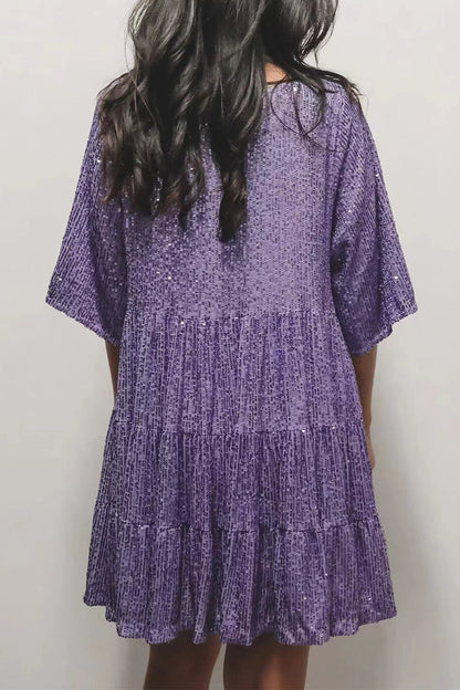 Sequins O Neck Cake Skirt Short Sleeve Dress(4 Colors)