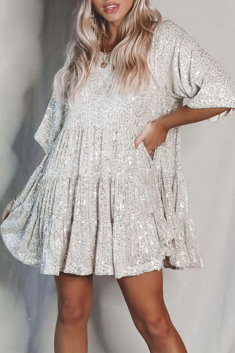Sequins O Neck Cake Skirt Short Sleeve Dress(4 Colors)