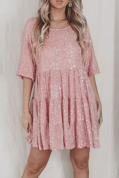 Sequins O Neck Cake Skirt Short Sleeve Dress(4 Colors)