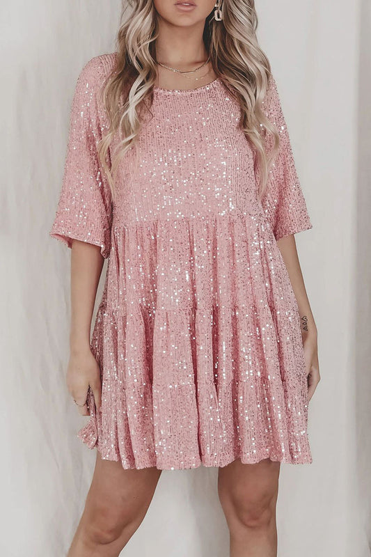 Sequins O Neck Cake Skirt Short Sleeve Dress(4 Colors)