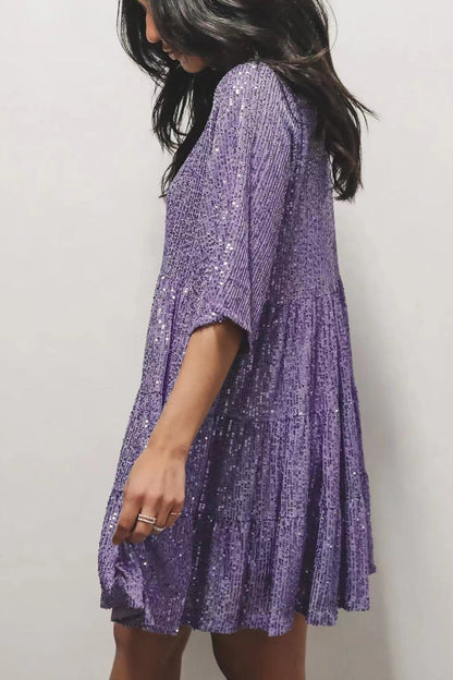 Sequins O Neck Cake Skirt Short Sleeve Dress(4 Colors)