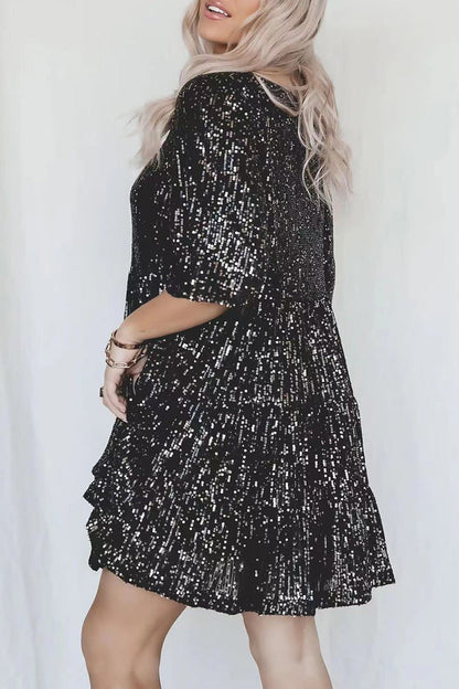 Sequins O Neck Cake Skirt Short Sleeve Dress(4 Colors)