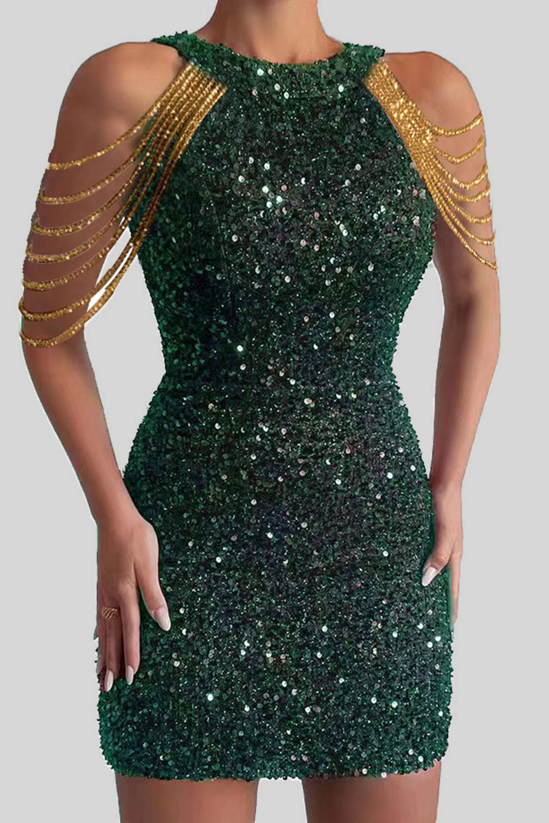 Sequins Patchwork Chains O Neck Pencil Skirt Dresses
