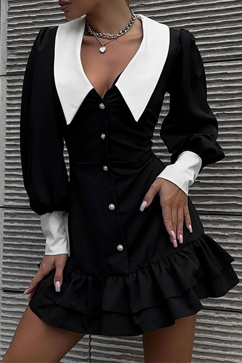 Celebrities Buttons Turndown Collar Wrapped Skirt Dresses