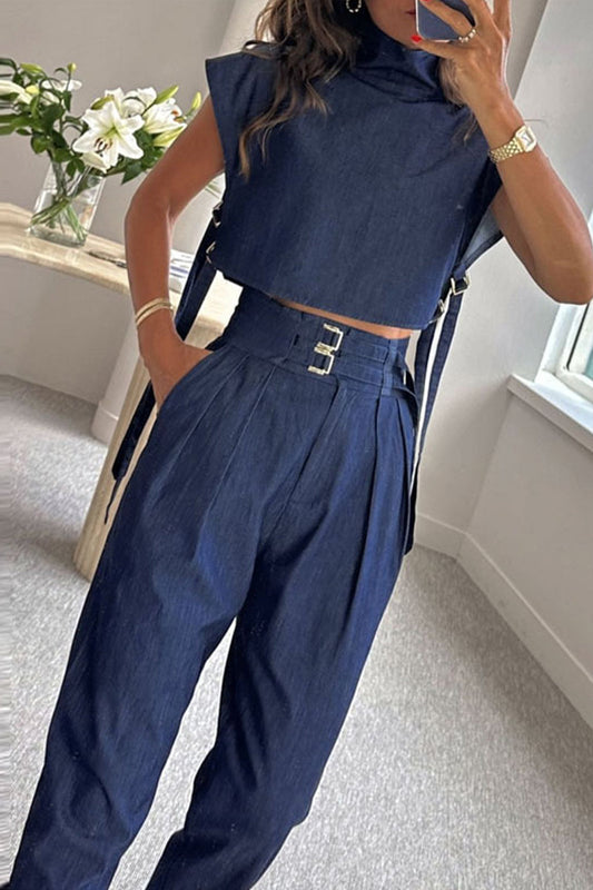 Patchwork Turtleneck Short Sleeve Two Pieces