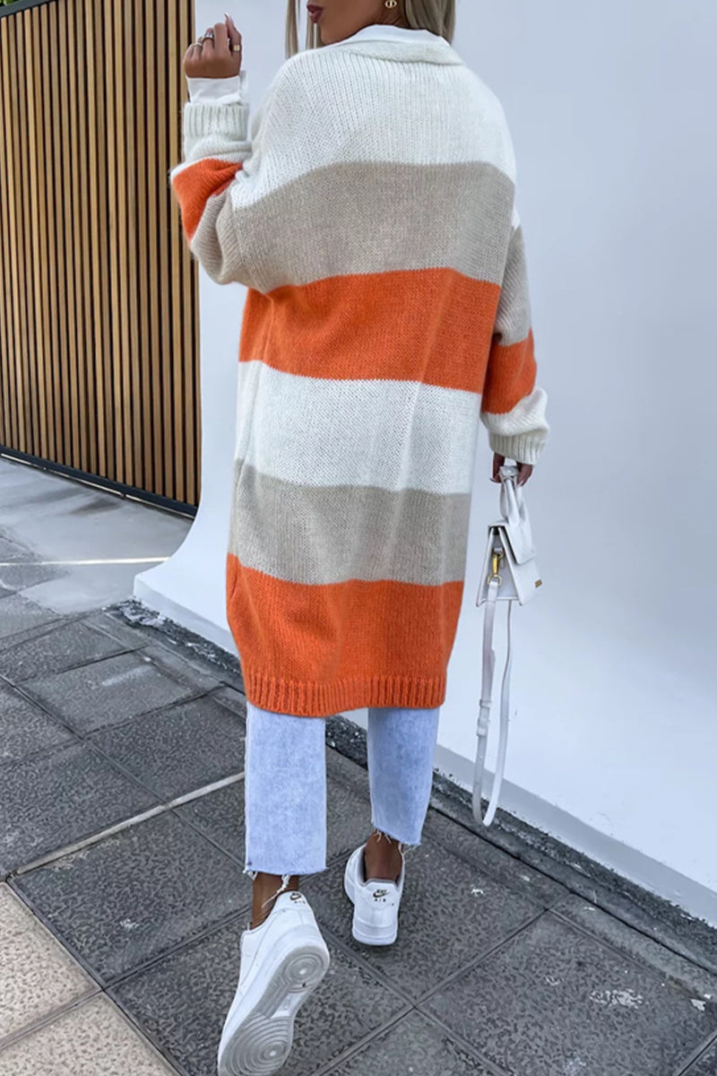 Street Striped Contrast Cardigan Collar Outerwear