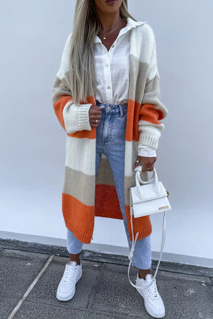 Street Striped Contrast Cardigan Collar Outerwear