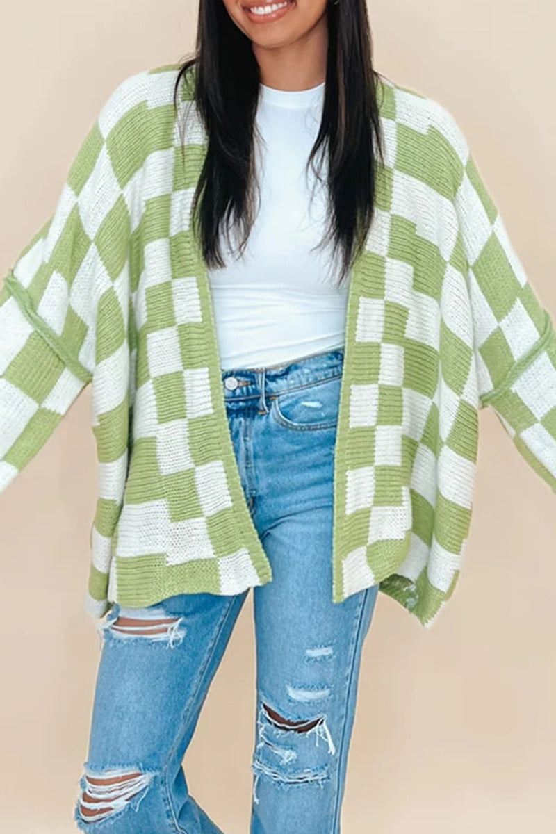 Plaid Contrast Cardigan Collar Outerwear(3 Colors)