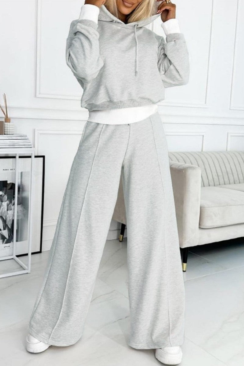 Patchwork Hooded Collar Long Sleeve Two Pieces