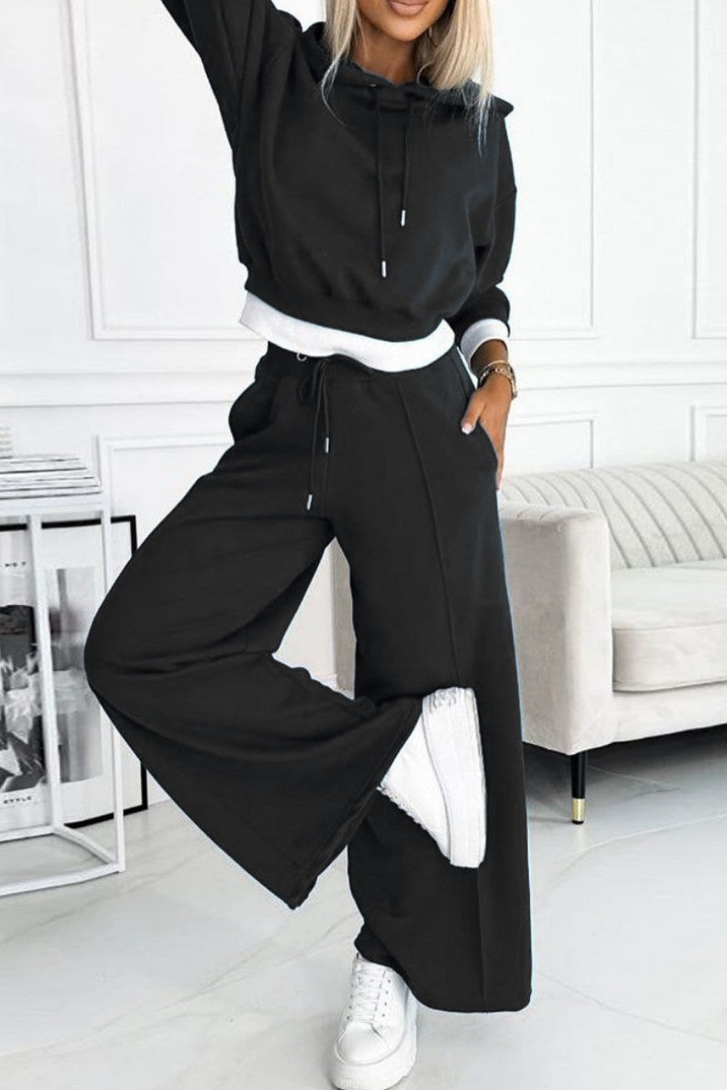 Patchwork Hooded Collar Long Sleeve Two Pieces