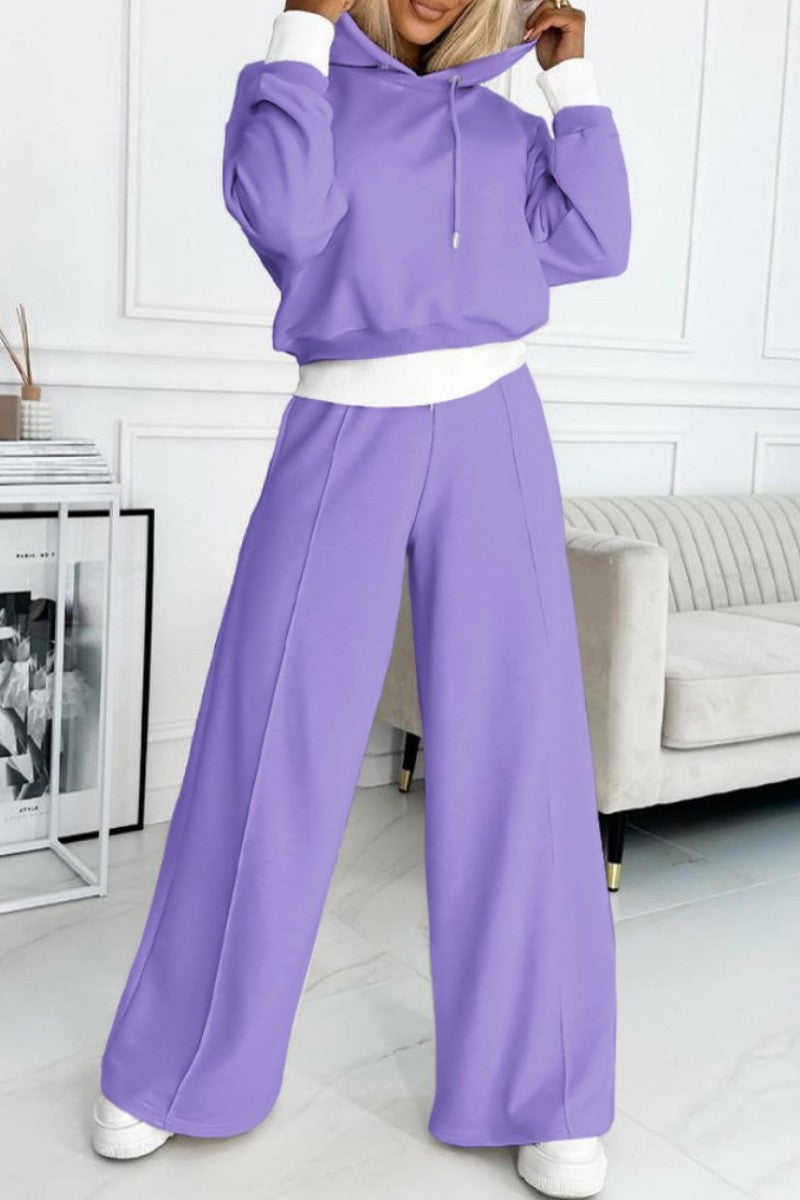 Patchwork Hooded Collar Long Sleeve Two Pieces