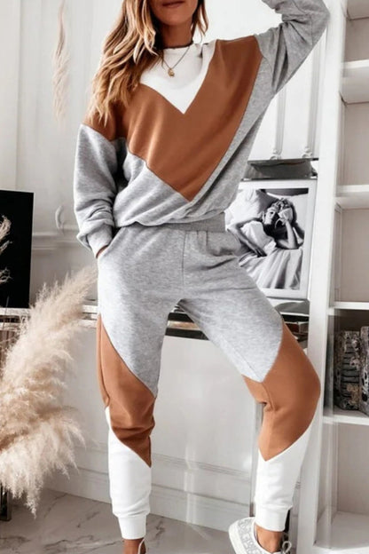 Color Block Contrast O Neck Long Sleeve Two Pieces