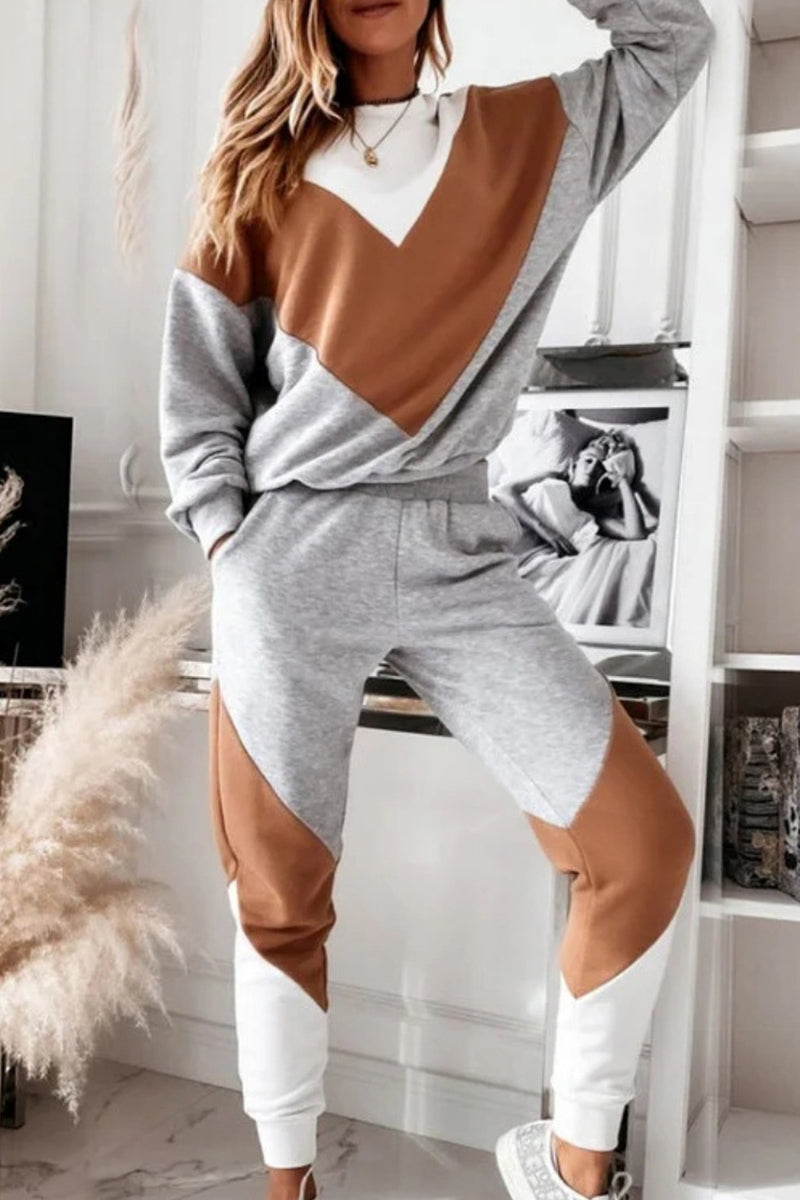 Color Block Contrast O Neck Long Sleeve Two Pieces