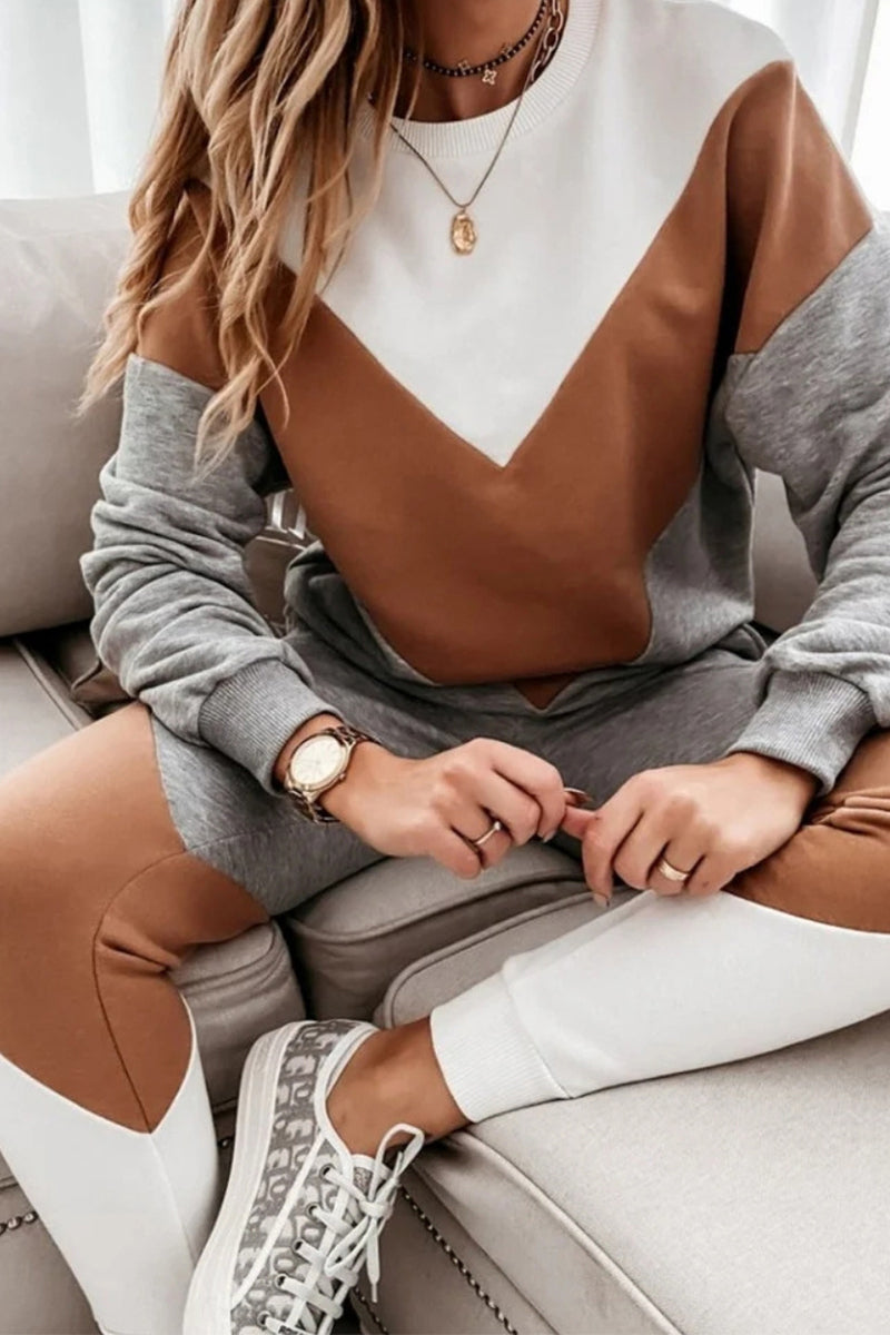 Color Block Contrast O Neck Long Sleeve Two Pieces