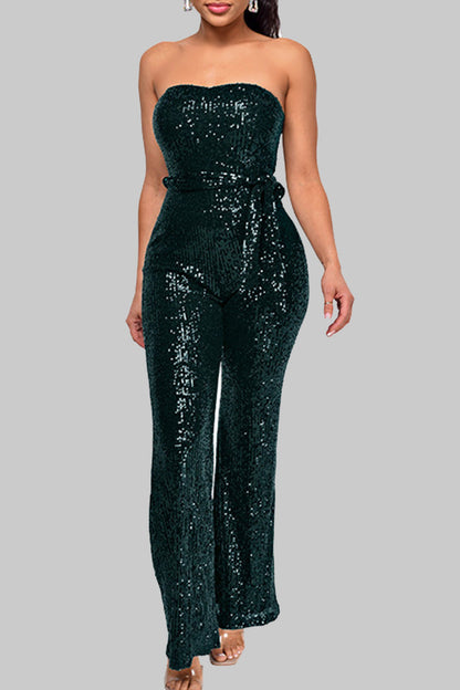 Street Bandage Sequins Patchwork Strapless Regular Jumpsuits(5 Colors)