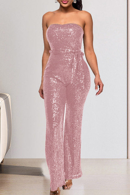 Street Bandage Sequins Patchwork Strapless Regular Jumpsuits(5 Colors)