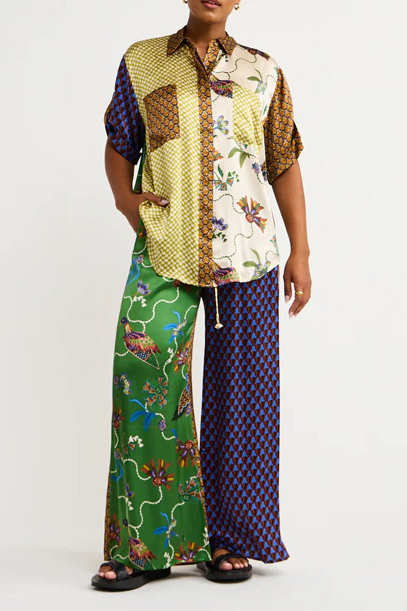 College Print Patchwork Turndown Collar Short Sleeve Two Pieces