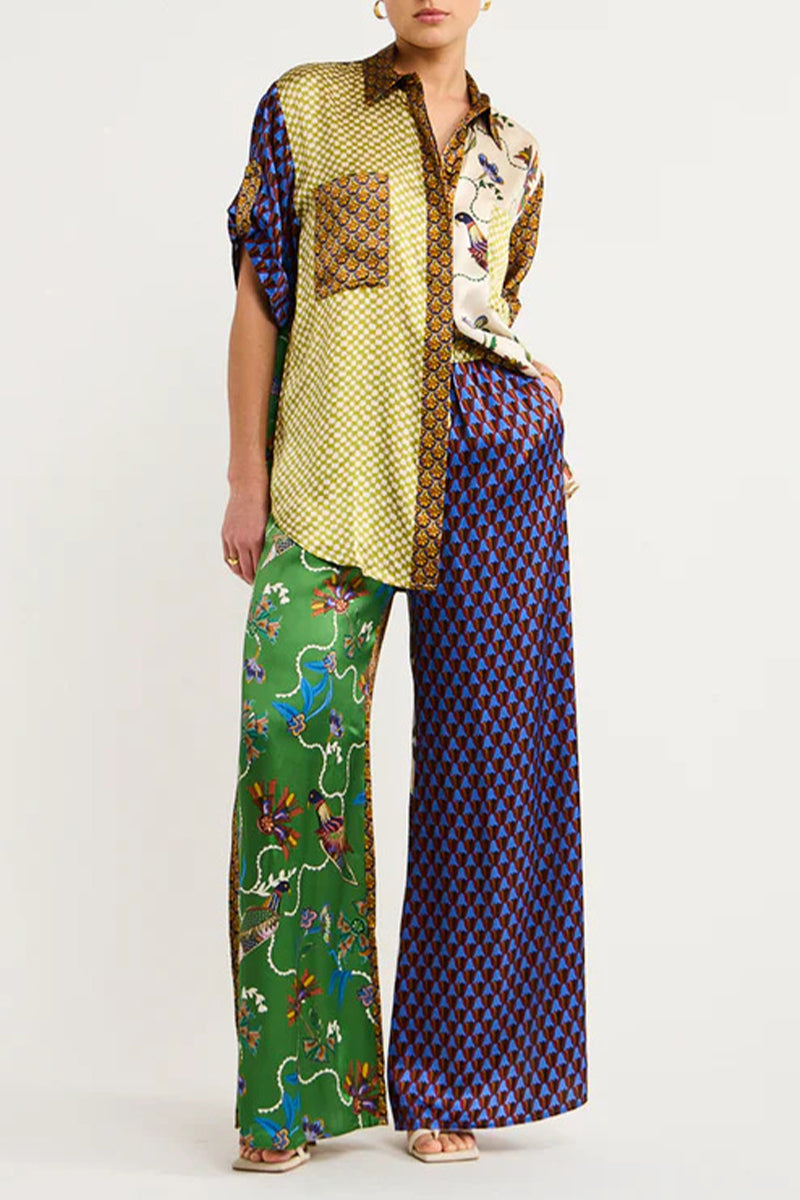 College Print Patchwork Turndown Collar Short Sleeve Two Pieces