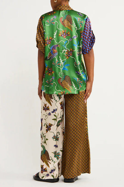 College Print Patchwork Turndown Collar Short Sleeve Two Pieces