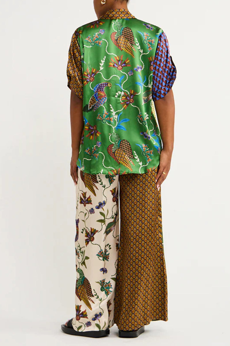 College Print Patchwork Turndown Collar Short Sleeve Two Pieces